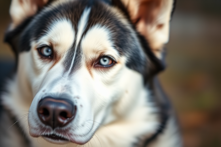 A close-up portrait of a Siberian Husky with a shallow depth of field, natural lighting, f/2.8 aperture, 50mm lens, ISO 200, soft focus background, taken with a DSLR camera to enhance detail and clarity.