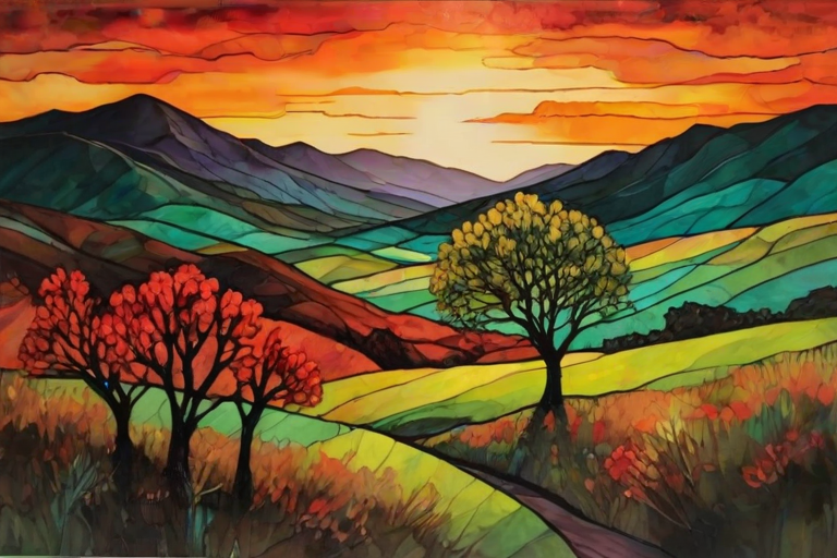 A vibrant abstract painting on Tiffany Glass, blending acrylic and alcohol ink techniques, captures a dramatic sunset over rolling hills. The artwork features a textured, rocky foreground in green and brown, layered abstract hills, and a striking sunset in rich oranges, yellows, and reds. A solitary black tree with intricate branches contrasts against the fiery sky, creating a dynamic and expressive portrayal of a breathtaking natural scene.