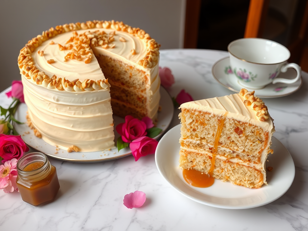 A beautifully decorated layer cake with a creamy frosting and chopped nuts on the sides, a slice of the cake on a plate showing its layers, surrounded by flowers and a small jar of caramel sauce, set on a marble table with a delicate tea cup.
