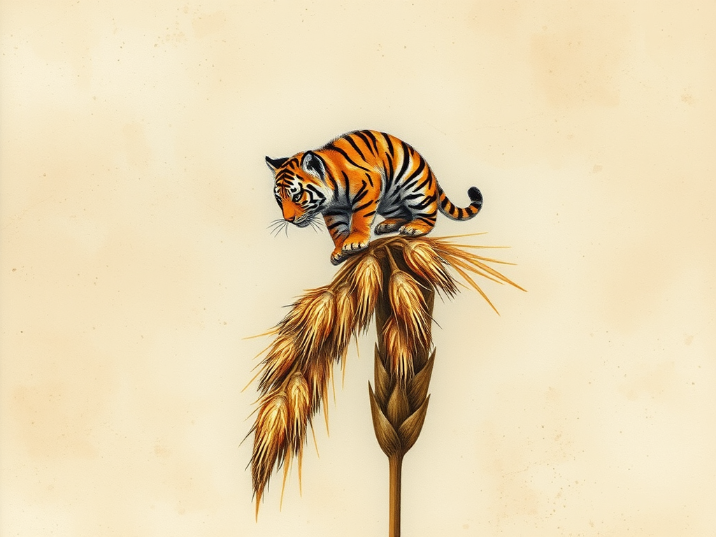 Soft, muted Alcohol Ink with ebru effect background image of tiny whimsical tiger, who climbed high on the top of a golden rye ear.