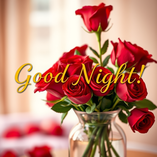 Create an image with the text "Good Night!" in golden Garamond font, placed atop a delicate vase filled with vibrant red roses, with soft focus and warm lighting effects.