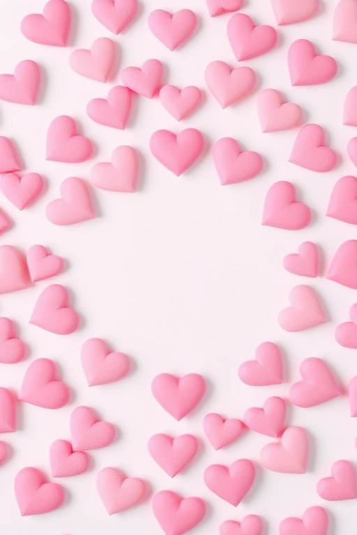 Generate an image of a circular arrangement of pink hearts scattered around a blank center, taken with a macro lens at f/2.8, ISO 100, 1/200 sec, in soft natural light, using a DSLR camera for enhanced image quality.