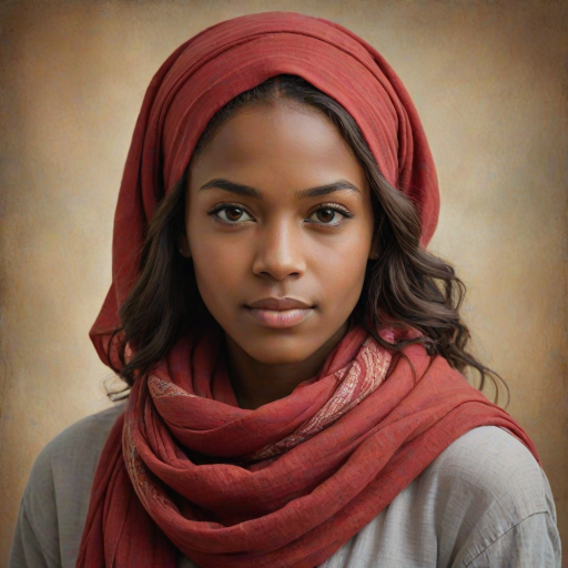 Create a portrait of a young African American woman with long, dark hair and captivating hazel eyes. She is wearing a red headscarf and a matching scarf draped gracefully around her neck. The background is softly blurred, focusing attention on her serene and natural expression. The overall color palette is muted and warm, enhancing the intimate and authentic feel of the portrait.