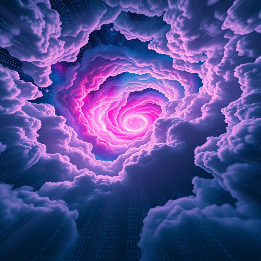 Create a vibrant digital artwork of a cosmic vortex with swirling clouds and binary code elements, captured at a low-angle view with a wide aperture of f/1.8, ISO 100, and a focal length of 24mm, utilizing a full-frame DSLR camera to enhance depth and detail.