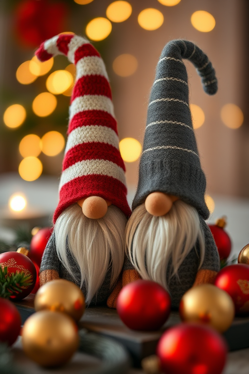 Create a cozy holiday scene featuring two gnome figurines, one with a striped red and white hat and the other with a gray hat, surrounded by red and gold ornaments, softly blurred fairy lights in the background, shot with a Canon EOS R5, ISO 100, aperture f2.8, 50mm lens, in warm lighting for enhanced focus and depth.
