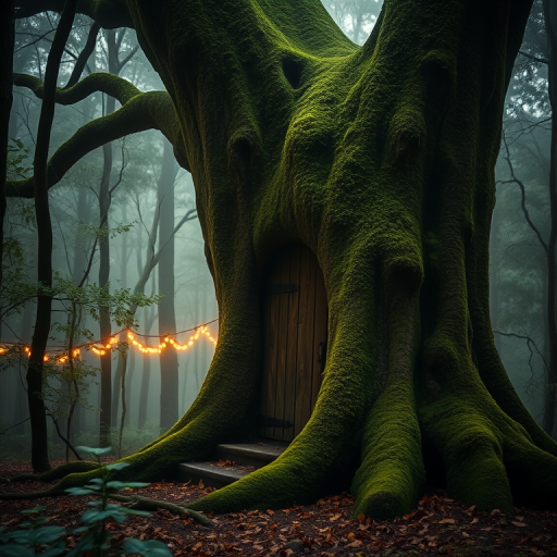 A mystical forest scene featuring a large, moss-covered tree with a wooden door, soft glowing lights in the background, captured with a DSLR camera, 50mm lens, f/1.8 aperture, ISO 100, and a shutter speed of 1/60 sec, with a shallow depth of field to enhance the ethereal atmosphere.
