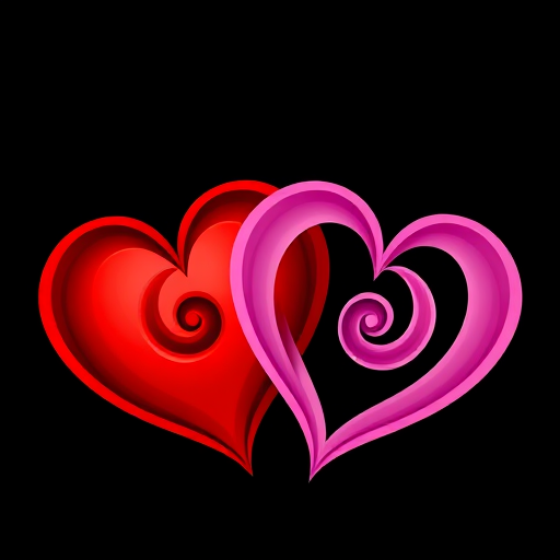 Create a vibrant illustration of two swirled hearts, one red and one pink, set against a black background, using a Canon EOS R5 camera with a 50mm f/1.2 lens at aperture f/2.8, ISO 100, and a soft focus effect.