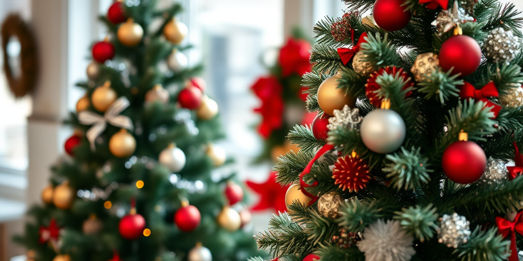 Create a festive scene featuring two beautifully decorated Christmas trees, one adorned with red and gold ornaments and the other with silver and white decorations, set against a soft-focus background, captured with a Canon EOS R5 at f/2.8, ISO 100, 50mm lens, in natural light for enhanced vibrancy and detail.