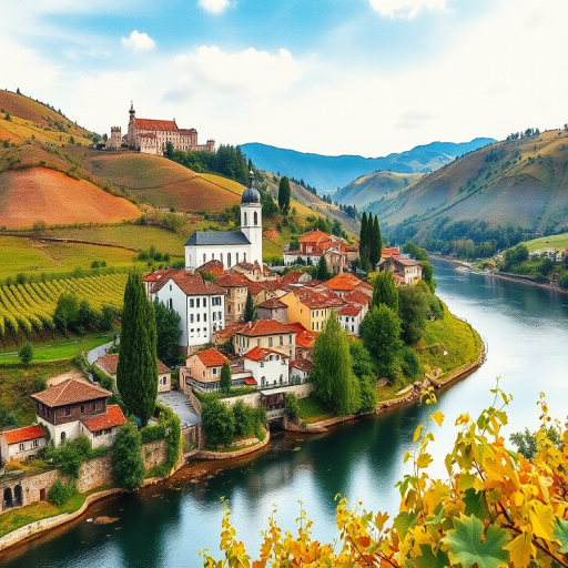 Create a vibrant watercolor painting of a picturesque riverside village surrounded by hills and vineyards, featuring a white church and a castle on the hillside, captured with a Canon EOS 5D Mark IV, 35mm lens, f/8 aperture, ISO 100, and a wide-angle view to enhance depth and color richness.