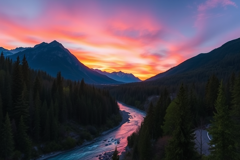 Generate a serene landscape featuring a river flowing through a forested valley under a twilight sky, with mountains in the background, shot with a DSLR camera at ISO 100, f/11, 1/125 sec, wide-angle view, capturing vibrant colors and deep shadows for enhanced image quality.
