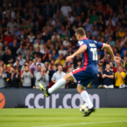 Blurry action shot of a soccer player kicking a ball towards the goal, soft focus on the cheering crowd in the background, with a feeling of excitement and anticipation in the air.
