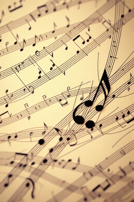 abstract composition of music notation with overlapping lines and notes in sepia tones, captured with a DSLR camera, ISO 200, aperture f/8, shutter speed 1/125s, top-down view, soft focus style for a vintage effect