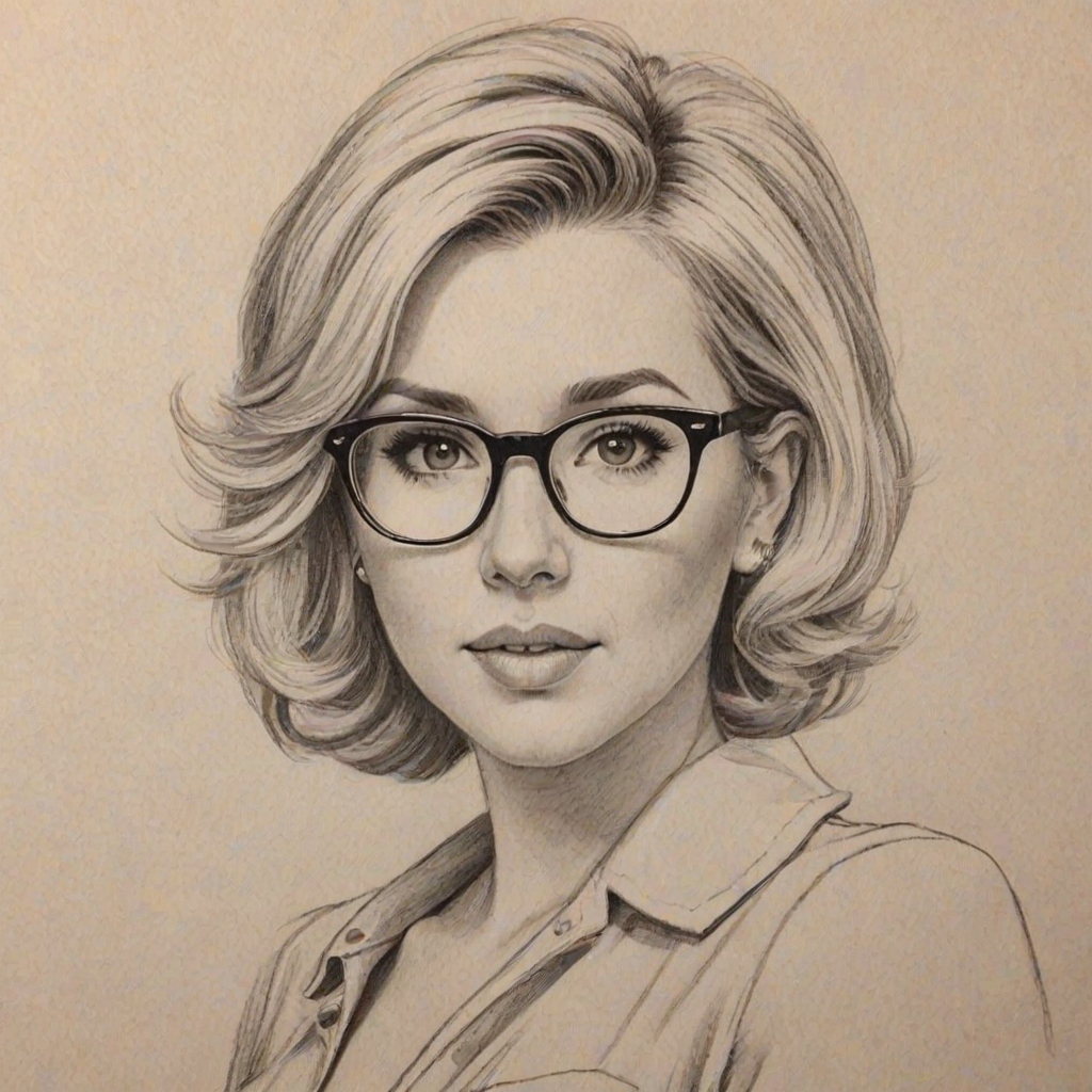 Wonderful Savannah Chrisley, pencil sketch, portrait of Fascinating woman 1957s in glasses, hair style beatnik, outline, clear lines, fine lines, 8k
