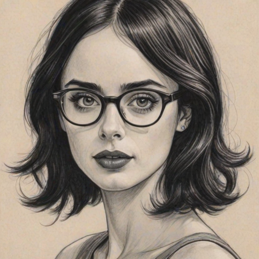 Bewitching Krysten Ritter, pencil sketch, portrait of Fascinating woman 1931s in glasses, hair style beatnik, outline, clear lines, fine lines, 8k
