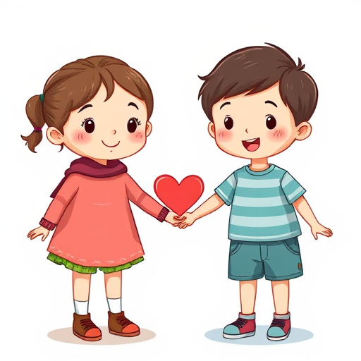 Create a high-quality illustration of two cartoon children holding hands with a heart symbol between them, using a Canon EOS 5D Mark IV, f/2.8 aperture, ISO 100, 50mm lens, front view, in a whimsical style with vibrant colors and smooth lines.