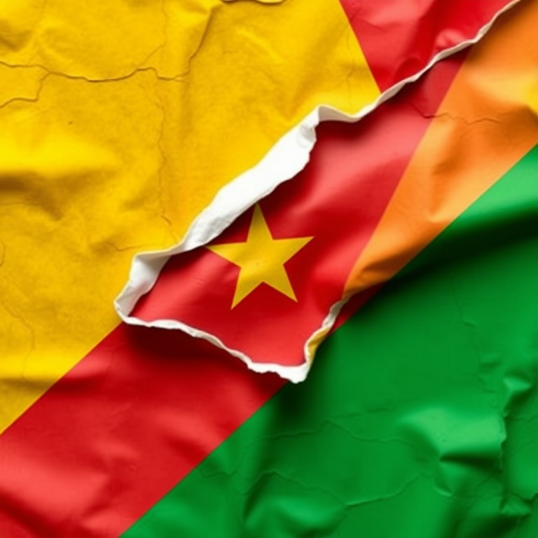 regenerate an image of the Democratic Republic of Congo flag with a peeling effect, focus on vibrant colors, use a DSLR camera, set aperture to f/8, shutter speed 1/250s, ISO 100, shot from a slightly angled top-down view to capture the texture and details of the peel