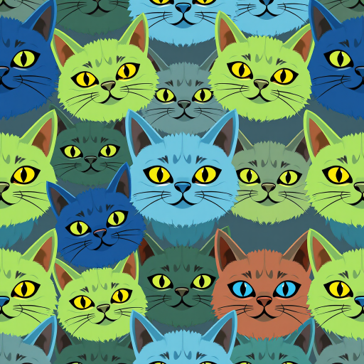 Create a seamless pattern of stylized cat faces in vibrant blue, green, and grey colors with exaggerated features, soft lighting, using a digital camera with a 50mm lens, f/1.8 aperture, ISO 200, and a top-down view for clarity and detail.