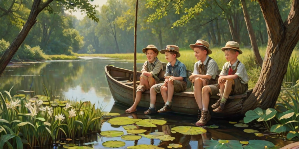 Imagine a small group of old fashioned young boys out fishing by the creek, a swing hanging from a tree branch, reeds and grasses by the water's edge, a frog sitting on a lily pad, dragonflies hovering over som water plans, a very iconic old fashioned scene reminiscent of a Norman Rockwell painting style
