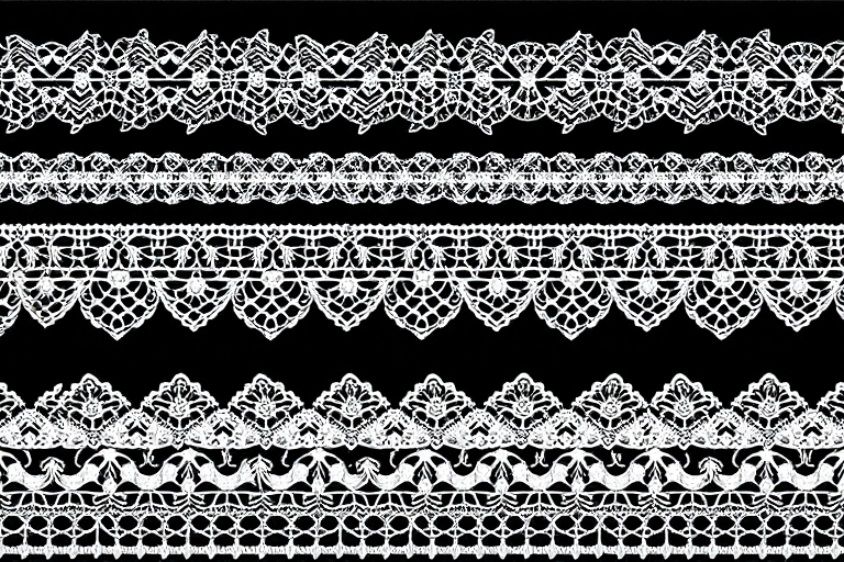 Create a high-resolution pattern design featuring intricate lace borders in varying styles, captured with a Canon EOS 5D Mark IV, 50mm lens, f/8 aperture, 1/100 sec shutter speed, ISO 100, in natural light to enhance detail and texture.