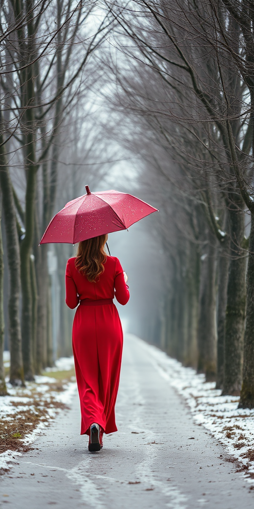 A woman in a red dress walks with an umbrella down a tree-lined path in winter, with snow-covered ground and gray trees, captured with a Canon EOS 5D Mark IV, 50mm lens, f/2.8, ISO 100, soft focus, natural lighting, vibrant colors, high resolution.