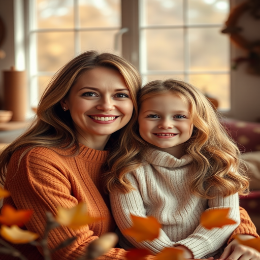 portrait of a mother and daughter in a cozy indoor setting, warm autumn tones, soft natural lighting, Canon EOS R5, 50mm f/1.2 lens, ISO 100, f/2.8, shutter speed 1/125, depth of field effect, soft bokeh background