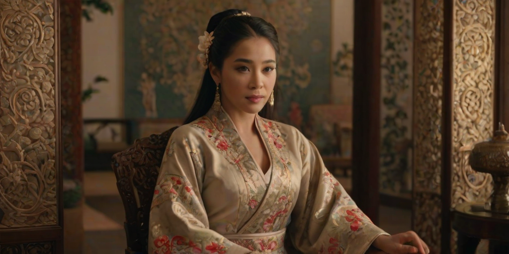 A beautiful Latino woman in traditional East Asian attire, intricately detailed with embroidered patterns, sitting gracefully in a richly decorated room, soft ambient lighting, serene and elegant, ultra-realistic, 8K resolution