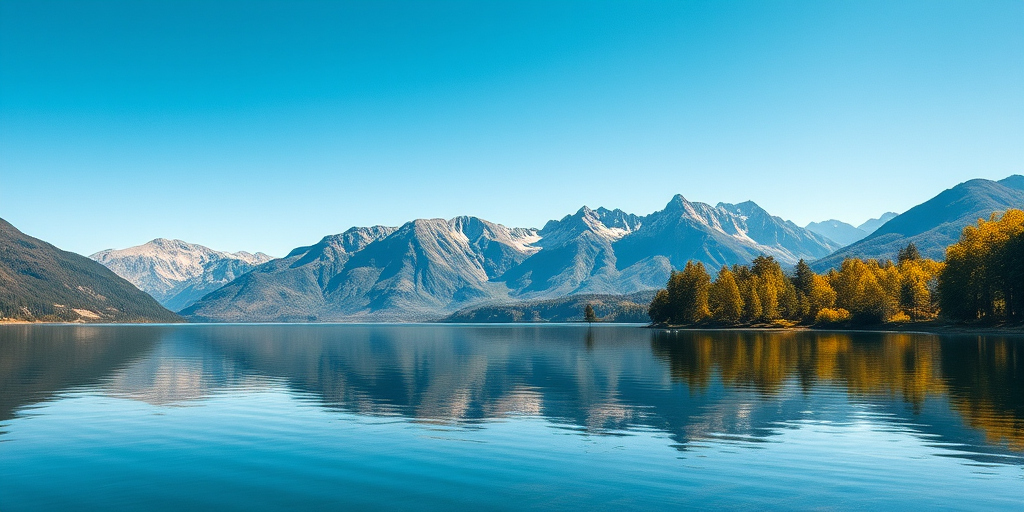 Generate an image of a serene landscape featuring a calm lake reflecting mountains under a clear blue sky, with lush green trees along the shore, taken with a Canon EOS 5D Mark IV, 24mm lens, f/8 aperture, ISO 100, 1/125 sec shutter speed, in vivid colors and high detail.