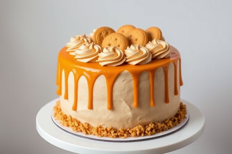 Create an image of a round cake with a smooth beige frosting topped with swirls of light brown buttercream and decorated with biscuit cookies arranged on top. The cake has a glossy caramel drizzle cascading down the sides and is surrounded by a base of crushed cookies. It is displayed on a white cake stand against a plain background.