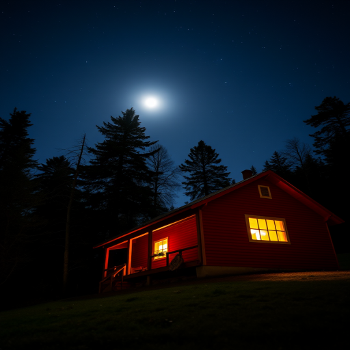 Create a nighttime scene of a red wooden house with a warm light glowing from the window, surrounded by trees under a full moon and starry sky, taken with a DSLR camera at ISO 800, f/2.8, 30 seconds exposure, capturing a wide-angle view with a soft-focus effect.