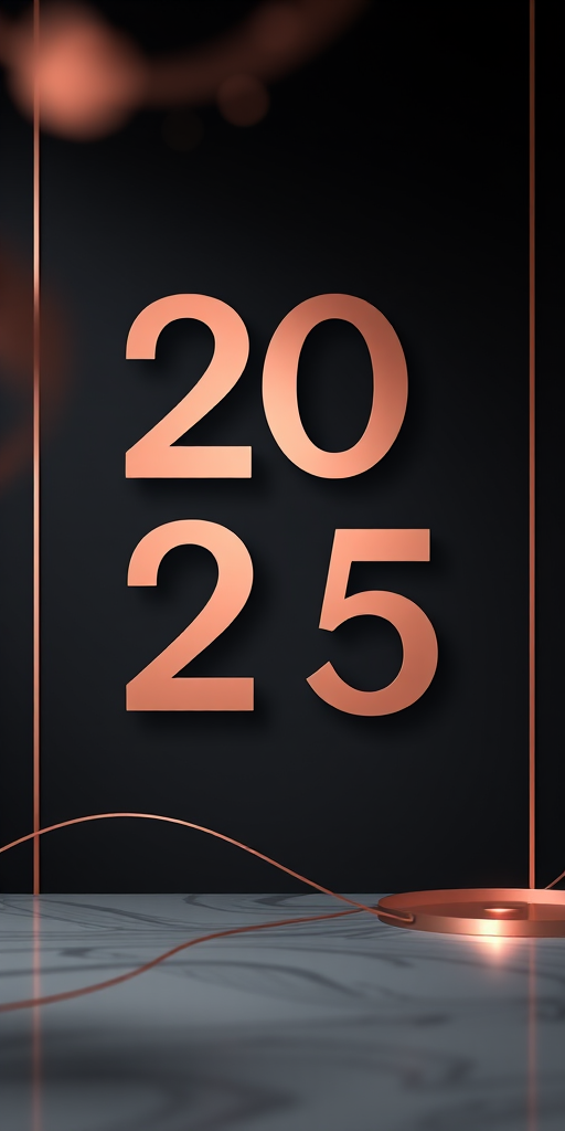 Create a high-resolution image featuring a modern design for the year 2025, with a dark background and elegant rose gold accents, using a Canon EOS R5 camera with a 50mm lens, f/1.8 aperture, ISO 100, and a soft focus depth of field.