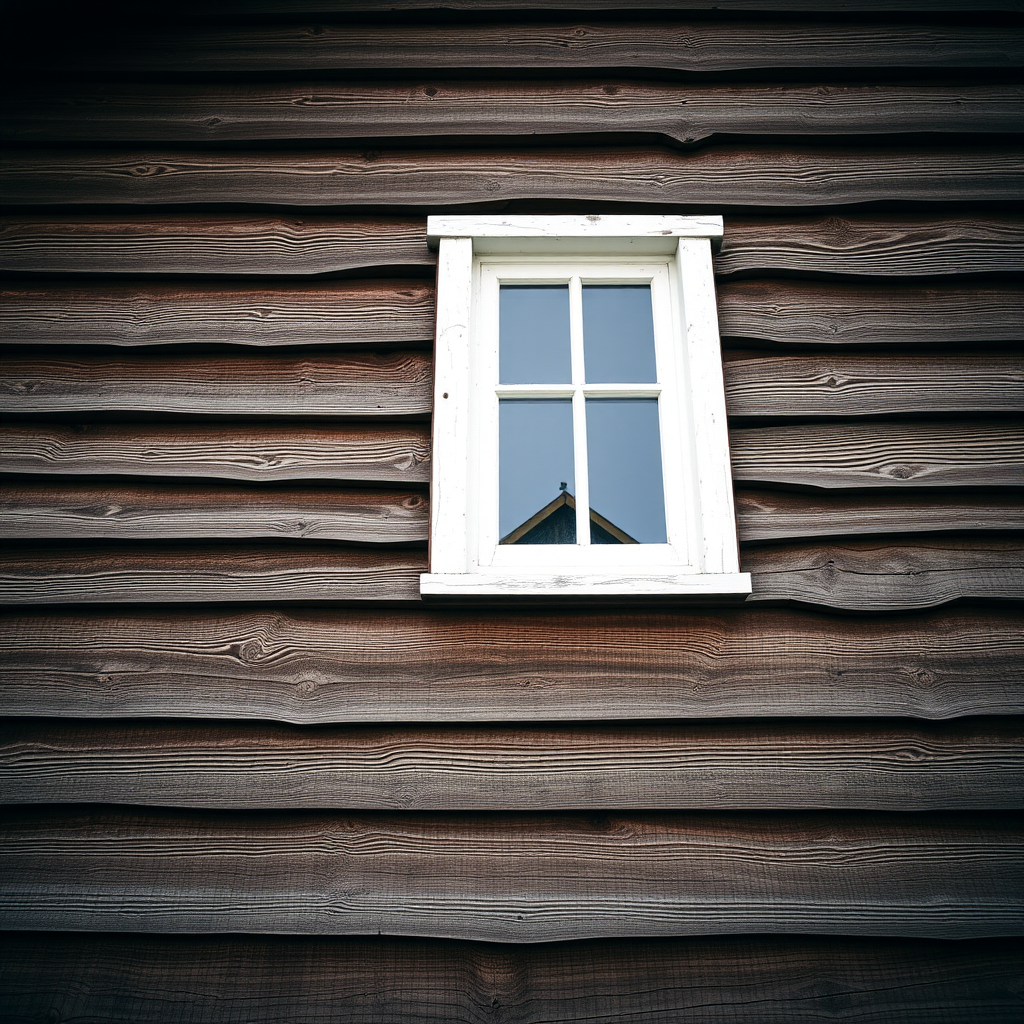 a close-up view of a vintage wooden building with a single white window, natural daylight, high-resolution quality, aperture f/4, shutter speed 1/200 sec, ISO 100, DSLR camera, focus on texture and details of the wood grain