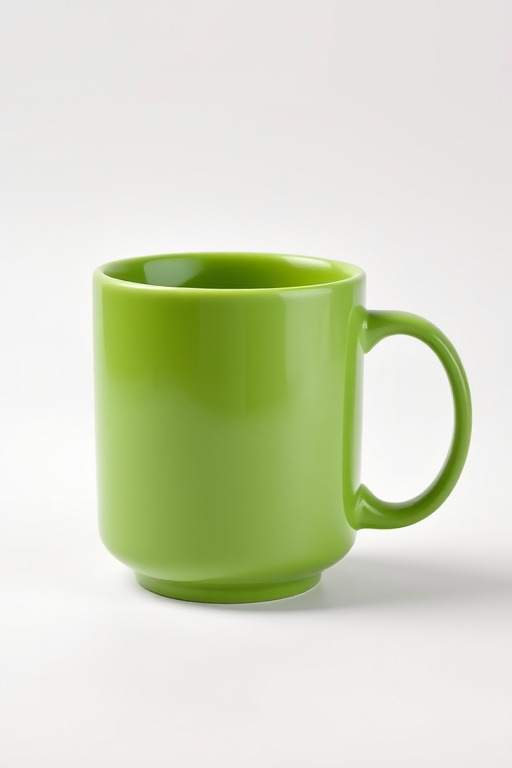 Create a high-resolution image of a simple green coffee mug on a plain white background, using a DSLR camera with a 50mm lens, aperture set to f/2.8 for a shallow depth of field, ISO 100, and a 1/60 sec shutter speed for optimal clarity.