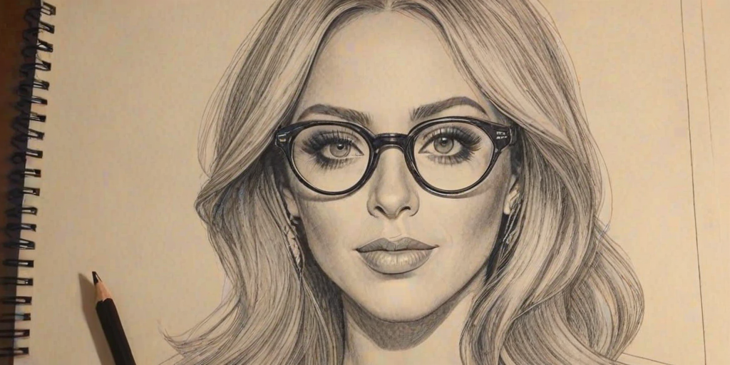 Enticing Aubrey O'Day, pencil sketch, portrait of Splendid woman 1921s in glasses, hair style beatnik, outline, clear lines, fine lines, 8k