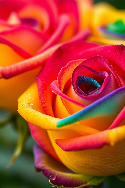 Close-up of vibrant rainbow roses with dew drops, shallow depth of field, natural light, 50mm lens, f/1.8 aperture, ISO 100, macro photography style.