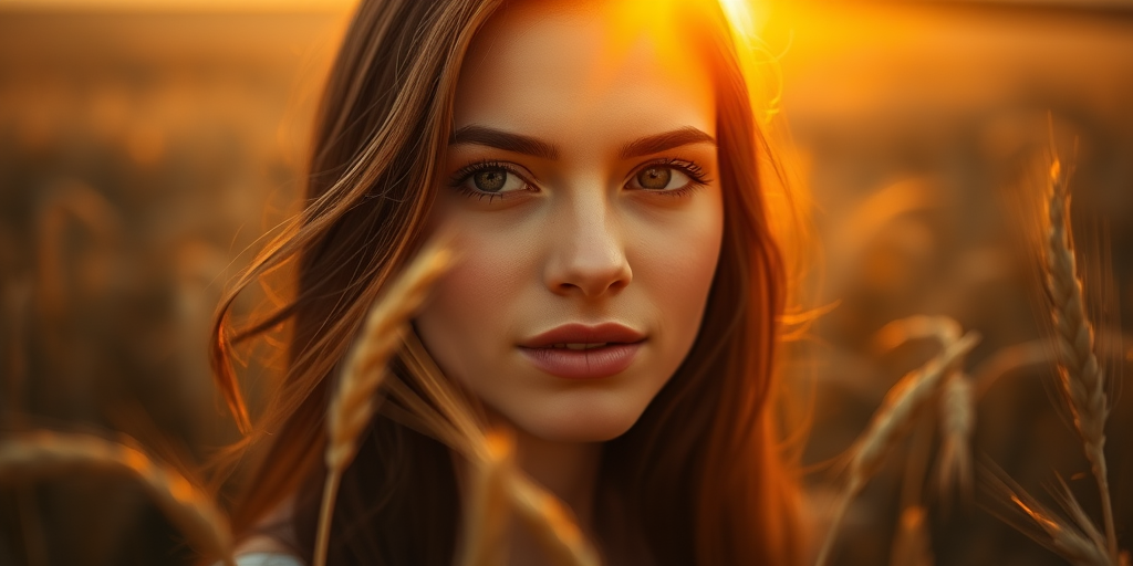 A serene young woman in a wheat field at sunset, soft golden light illuminating her face, shot with a Canon EOS R5, 50mm f/1.2 lens, aperture f/2.8, ISO 100, shallow depth of field, warm color grading, natural framing with wheat stalks.