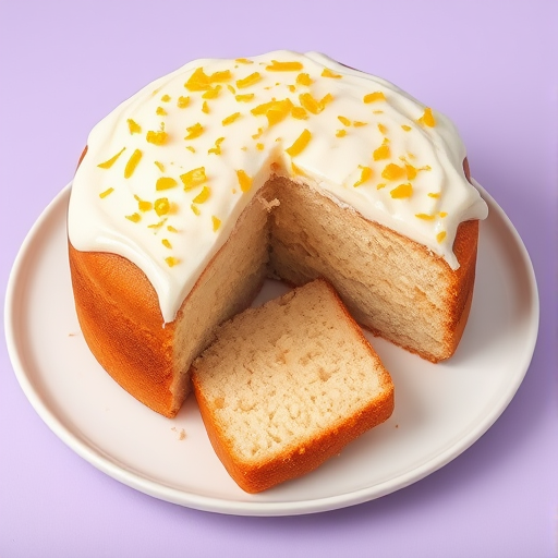A delicious cake with a creamy frosting on top sprinkled with orange zest served on a white plate with a light purple background, slices cut to reveal the soft texture inside.