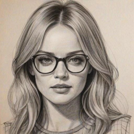 Fascinating Ambyr Childers, pencil sketch, portrait of Sublime woman 1976s in glasses, hair style beatnik, outline, clear lines, fine lines, 8k