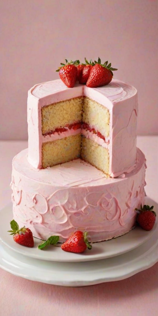 Create an image of a layered cake with a soft pink frosting. The cake should have a smooth texture and be decorated with fresh strawberries on top, along with small swirls of cream. A slice of the cake should be cut out, revealing its layers, including a light yellow sponge and a pink filling. The background should be simple and neutral to highlight the cake's colors.