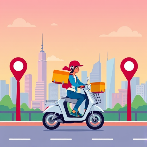 Create an illustration of a delivery person riding a scooter amidst a city skyline with two prominent location markers on either side, using vibrant colors and flat design style, shot with a Canon EOS R5 at f/8, ISO 100, 50mm lens for sharp detail and clarity.