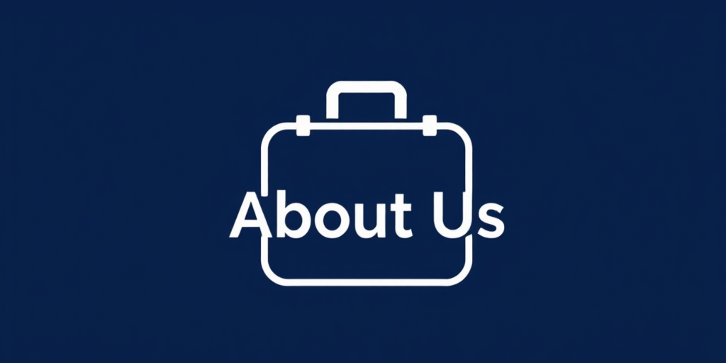 Create a clean, professional graphic featuring a white briefcase icon with the text "About Us" in bold font, using a solid navy blue background, shot with a Canon EOS R5 camera at f/8 aperture, ISO 100, and a 50mm lens, in a flat lay style.