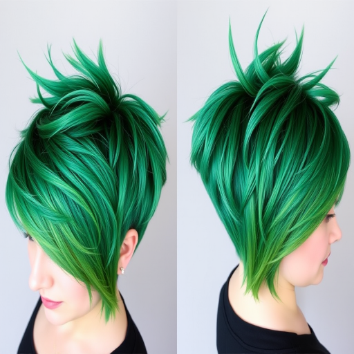 Emerald green pixie cut with choppy layers and a spiky crown, called "Evergreen Punk," featuring darker jade lowlights and a shimmering lime green fringe