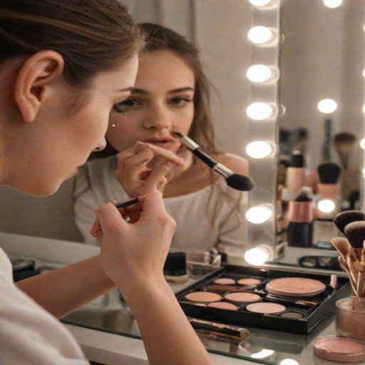 Close-up of a woman’s hand delicately applying makeup in front of a mirror, soft light illuminating her features, with makeup products scattered around her on the vanity.