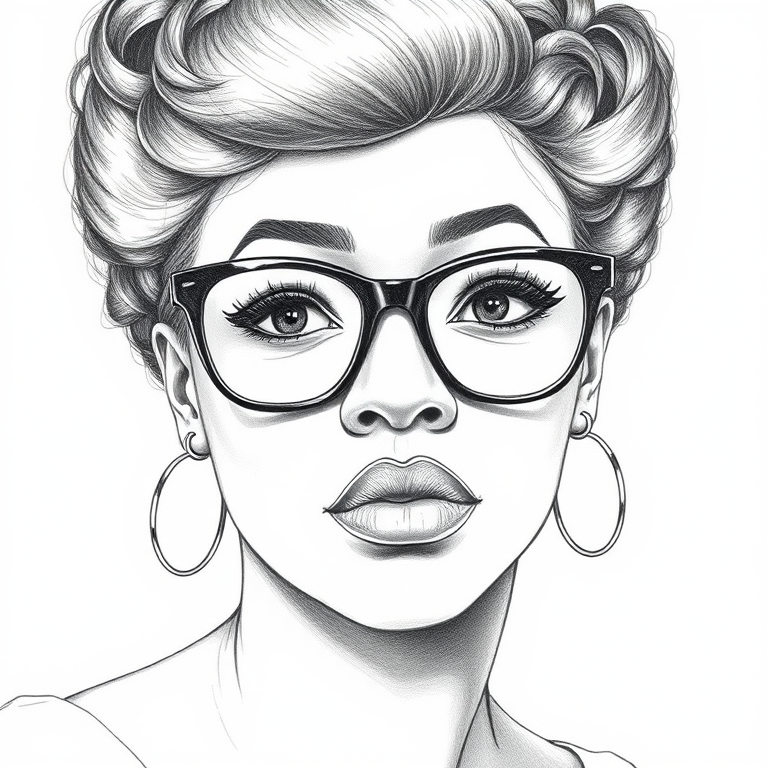 Beautiful Viola Davis, pencil sketch, portrait of beautiful woman 60s in glasses, hair style beatnik, outline, clear lines, fine lines, 8k