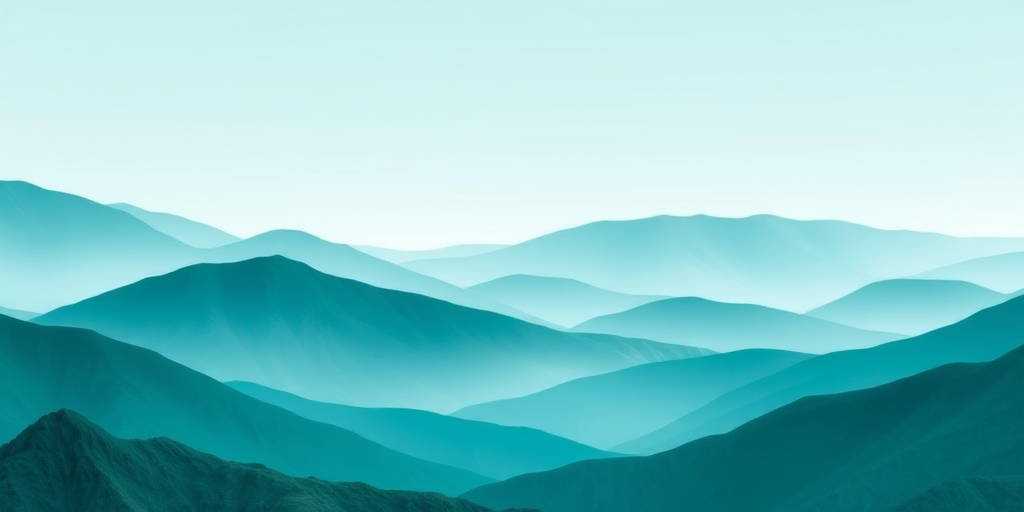 Generate an abstract image of layered teal mountains with smooth gradients and texture details, using a DSLR camera with a 50mm lens, aperture f/2.8, ISO 100, shot from a low angle to emphasize depth.