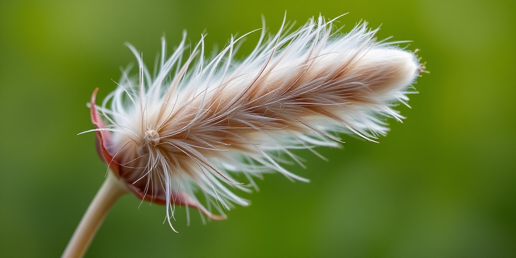 Capture a close-up of a fluffy seed pod with delicate, wispy filaments against a softly blurred green background, using a macro lens with an aperture of f/2.8 for shallow depth of field, ISO 100, shutter speed 1/200s, taken with a DSLR camera.