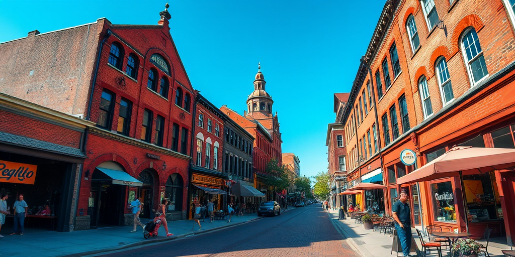 Generate a vibrant street scene with historic brick buildings and a clear blue sky, using a Canon EOS R5, 24mm lens, aperture f/8, shutter speed 1/200s, ISO 100, wide-angle view, capturing the lively atmosphere with people and outdoor seating.