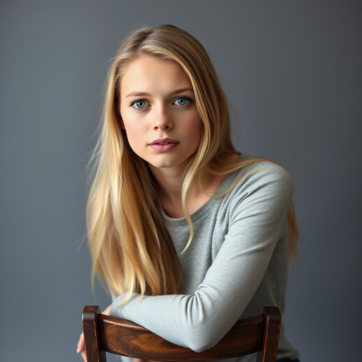 Portrait of a young woman with long blonde hair and blue eyes sitting on a wooden chair against a grey backdrop, taken with a Canon EOS R5, 85mm lens, f/1.8 aperture, ISO 100, 1/200s shutter speed, soft lighting for a natural look.