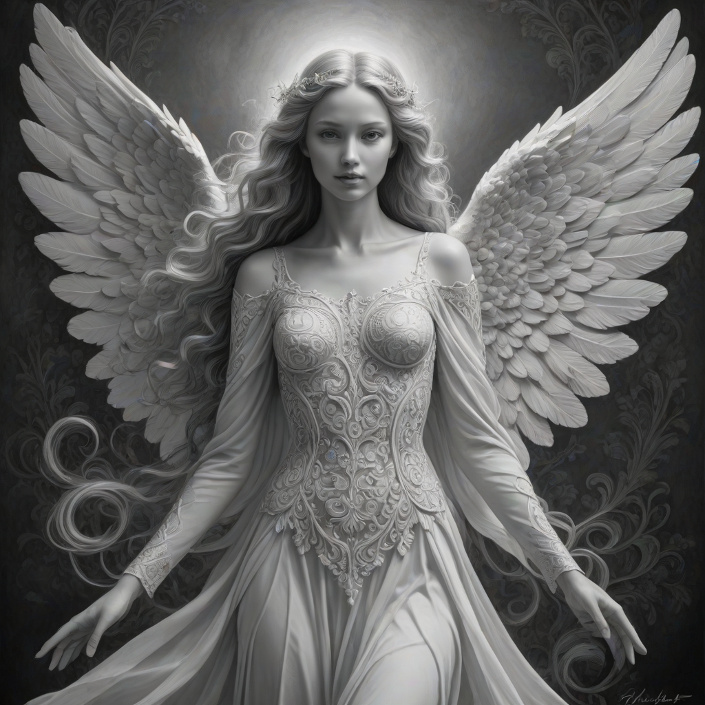An angel, crafted in the unique style of Folk Art, as she unfolds herself against an ethereal backdrop, her wings softly billowing, face radiating a heavenly glow, every curl in her strikingly serene countenance finely brushed, monochrome, detailed techniques, ultra fine, breathtaking surreal masterpiece