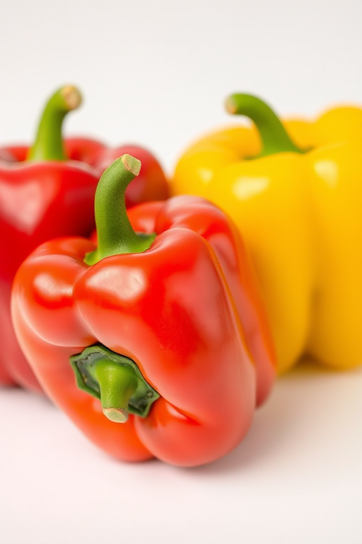 Three colorful bell peppers (red, yellow, green) arranged in a row on a white background, captured with a DSLR camera, 50mm lens, f/2.8 aperture, ISO 100, natural lighting, focus on the peppers with a soft blurred background.