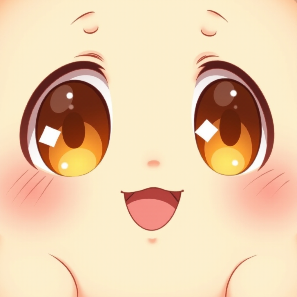 Create an illustration of a cute anime face with large, sparkling eyes featuring orange highlights. The face should have rosy cheeks and convey a joyful, lively expression. The style should be bright and cheerful, capturing the essence of kawaii art.